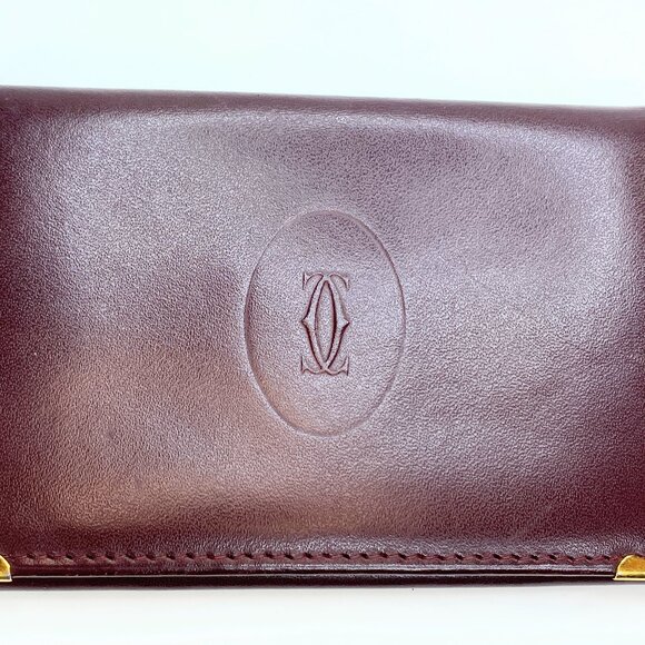 Cartier Must De wallet Red Burgundy bi-folded Leather gold-tone hardware GS202